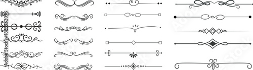 Set of black decorative line dividers with simple vintage ornaments and geometric vector designs.divider marker sketch doodle vector lines set element.set retro decorative page dividers design 