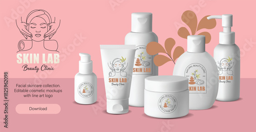 Mockup of skincare products displayed against a pink backdrop bearing the Skin Lab Beauty Clinic brand