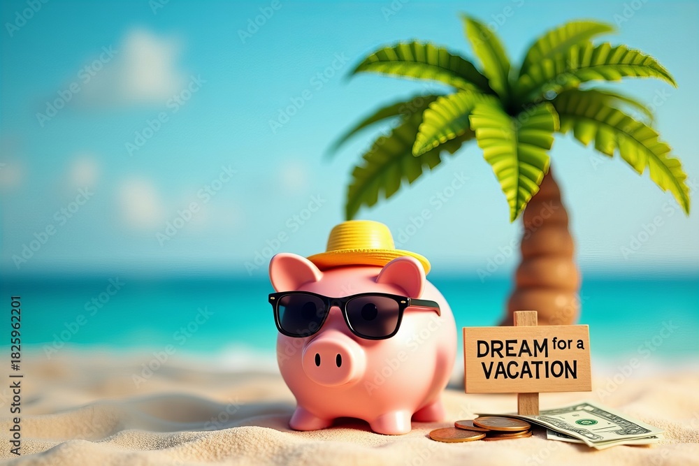 Fototapeta premium Piggy Bank Relaxing on Beach, Saving for Dream Vacation