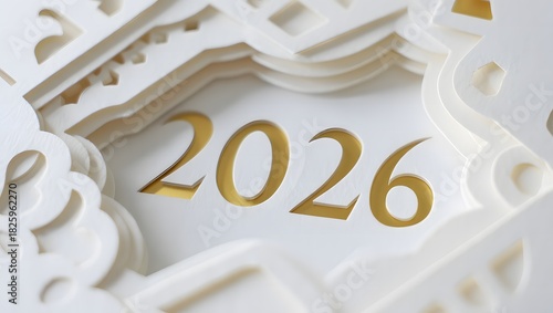 Artistic representation of the year 2026 in gold, surrounded by delicate white paper cut patterns, symbolizing new year, future, and celebration, isolated on white background