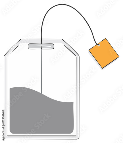 Clean graphic illustration of a tea bag with a string and a blank label for hot beverage preparation