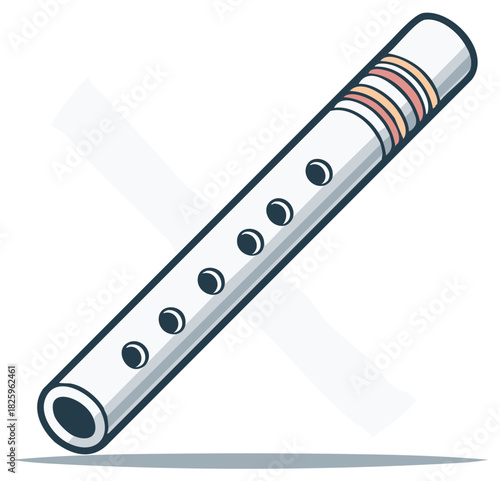 Stylized white flute musical instrument with colorful decorative bands and open finger holes