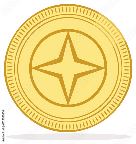 Shiny gold coin with a four pointed star icon for currency wealth treasure or video game reward