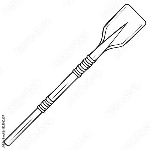 Simple black and white line art illustration of a single boat oar. Vector icon for kayaking or rafting.