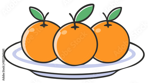 Three bright oranges with green leaves sitting on a white plate, cartoon style illustration