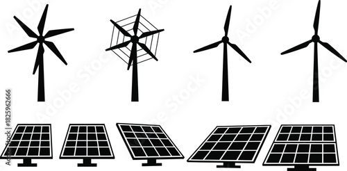 Silhouette of wind turbines and solar panels 