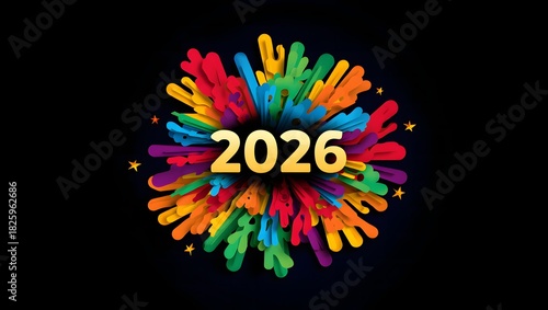 The year 2026 with a vibrant, colorful explosion of abstract shapes, symbolizing celebration, new beginnings, and future events on a dark background