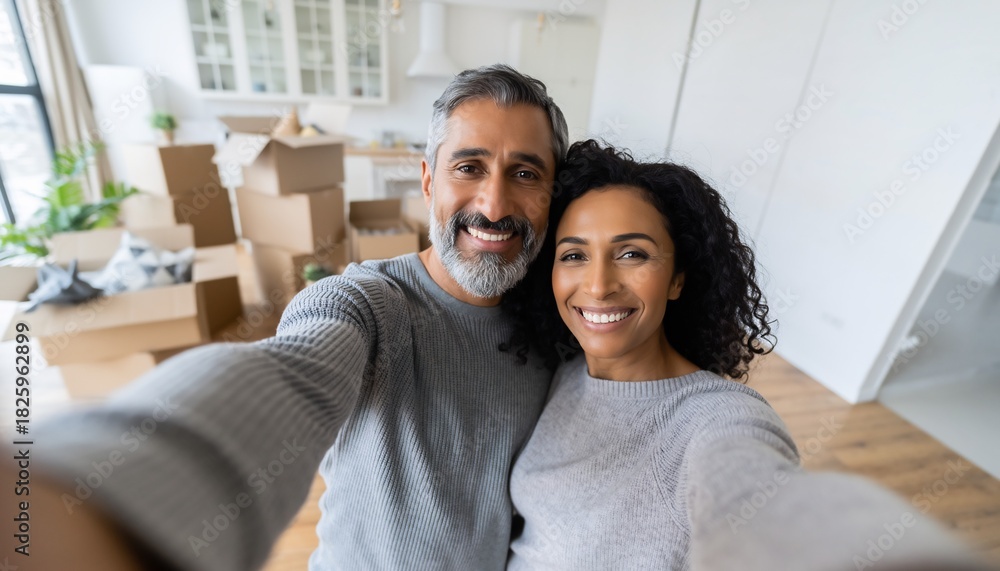 Obraz premium Happy mixed-race couple taking a selfie in their new home surrounded by moving boxes, concept for homeownership, relocation and new beginnings