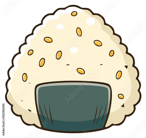 Cute cartoon Japanese onigiri rice ball with nori seaweed and sesame seeds