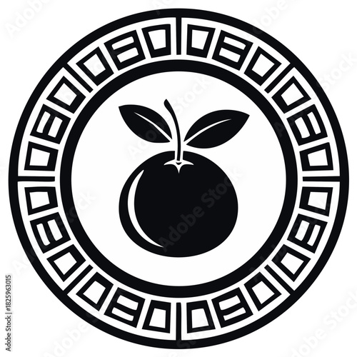 Circular illustration of a fruit with leaves inside decorative border.