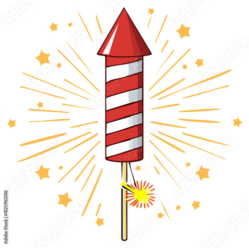 Red and white striped firework rocket with sparkling stars and rays.
