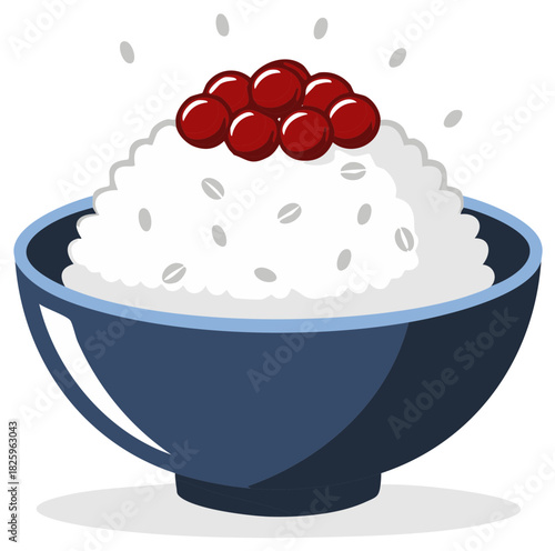 Illustration of a steaming bowl of white rice with red ikura salmon roe topping