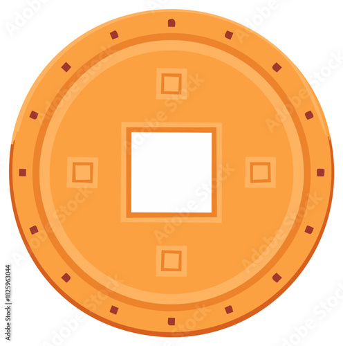 Golden Asian lucky coin with a square hole symbolizing wealth and good fortune