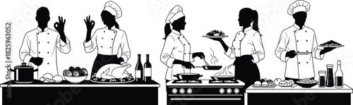 Professional chef silhouettes cooking in kitchen, preparing food, serving dishes, culinary teamwork illustration, restaurant chefs working at stove and counter