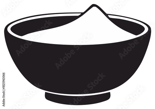 Black bowl filled with white powder, creating a peak.