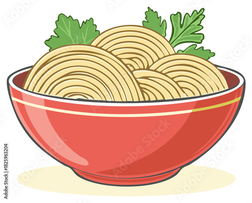 Red bowl filled with noodles and fresh parsley garnish vector illustration