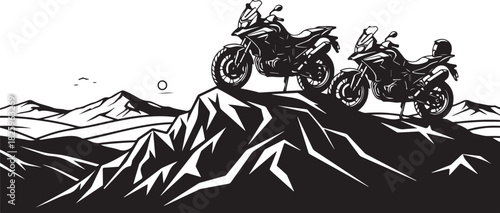 Motorcycle Mountain Adventure Silhouette – Bikers, Pines & Rugged Peaks