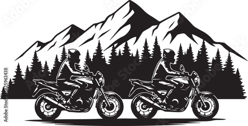 Motorcycle Mountain Adventure Silhouette – Bikers, Pines & Rugged Peaks
