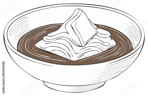 Outline illustration of hot chocolate with whipped cream and marshmallow dessert in a bowl.