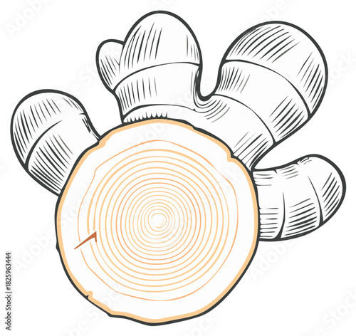 Ginger root with a cut slice showing internal rings in a vintage engraved illustration style