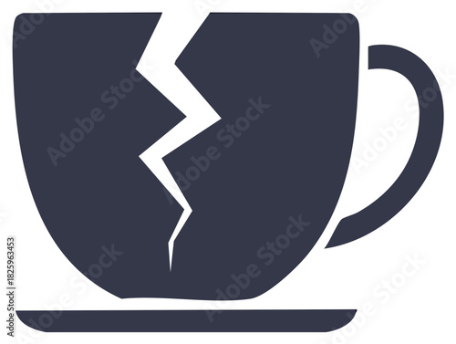 Cracked Coffee Cup Silhouette Icon on Saucer Showing Destruction Crisis Concept
