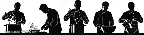 Silhouette chefs cooking in professional kitchen preparing food stirring pots frying mixing ingredients culinary teamwork restaurant staff illustration