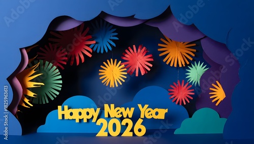 Happy new year 2026 celebration with colorful paper cutout starbursts and clouds, creating a festive and artistic holiday greeting