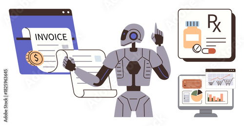 Robot handling invoice management, analyzing graphs on screens, and aiding with medical prescriptions. Ideal for AI, automation, finance, healthcare, technology productivity data analytics. Simple