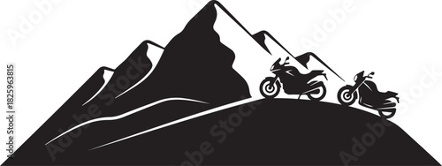Motorcycle Mountain Adventure Silhouette – Bikers, Pines & Rugged Peaks