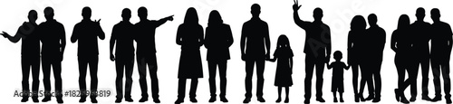Silhouette illustration of diverse people standing in groups and families, human crowd poses, community gathering concept for lifestyle and social design