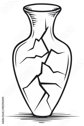 Line Art Illustration of a Broken Vase Symbolizing Vulnerability or Fragility