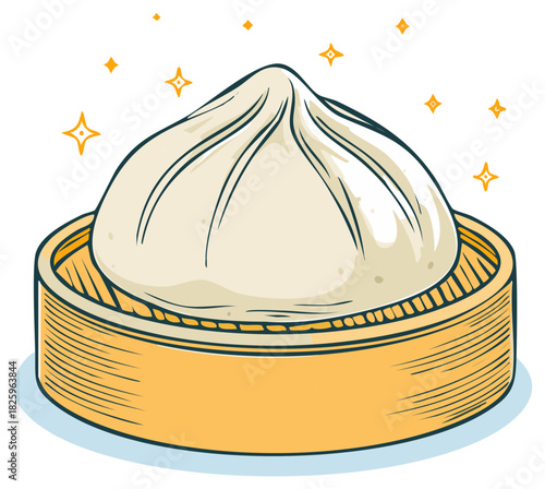 Hand-drawn illustration of a steamed dumpling in a bamboo steamer with stars.