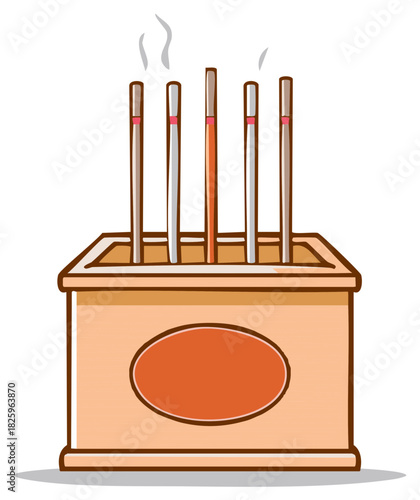 Cartoon illustration of smoking incense sticks in a wooden burner for a spiritual ceremony