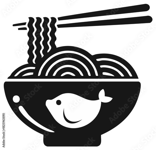 Minimalist vector icon of a fish ramen bowl with chopsticks lifting noodles