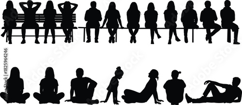 Silhouette illustration of people sitting on benches and on the ground, relaxing in various poses, group crowd concept for lifestyle design
