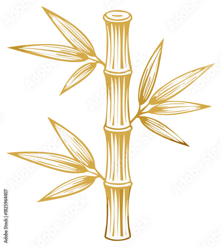 Hand drawn golden bamboo stalk with leaves in a traditional Japanese art style