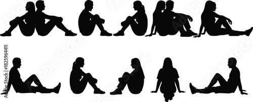 Silhouette illustration of people sitting on the ground in various relaxed poses, couples and individuals in casual lifestyle body posture design
