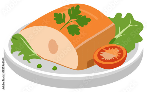 Delicious Smoked Fish Fillet with Salad, Tomato, and Peas on Plate