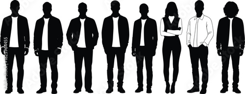Silhouette illustration of standing people in casual outfits, diverse characters in modern fashion poses, group crowd concept for lifestyle and design