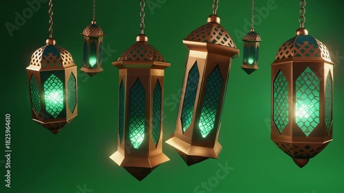 A beautiful array of traditional Islamic lanterns, glowing with vibrant green light, elegantly hangs against a rich emerald background, symbolizing celebration and spirituality.