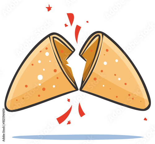 Cartoon style fortune cookie breaking open to reveal a hidden lucky message or prophecy