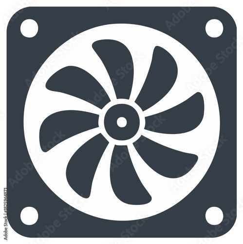 Isolated stylized computer fan with blades and mounting holes, cooling technology element in simplistic illustration