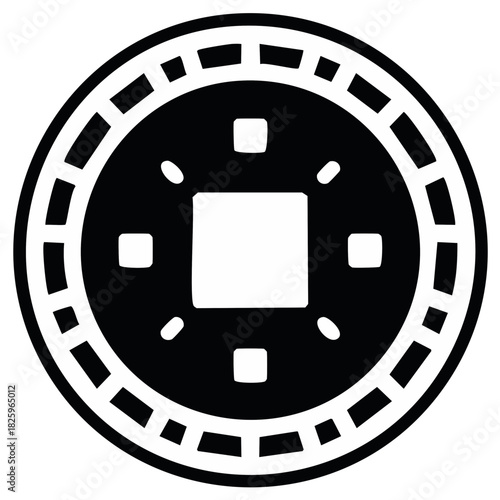 Simplified ancient coin icon with square hole offers a glimpse into historical currency with vector design.