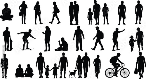 Silhouettes of people walking sitting standing families children skateboarder cyclist outdoor activities casual poses everyday lifestyle characters collection