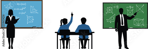 Teachers explaining math lessons on classroom boards with students learning, raising hands, studying geometry and algebra in an educational school setting