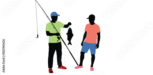 Two men fishing with rod and freshly caught fish, outdoor recreation silhouette illustration, fisherman holding catch during summer activity