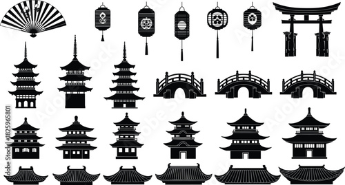 Traditional Japanese architecture silhouettes with pagodas torii gates bridges lanterns fans temples rooftops cultural heritage icons illustration collection
