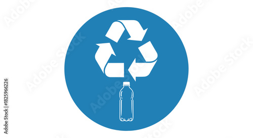 A clear blue circular icon features the universal recycling symbol with arrows pointing towards a plastic bottle, emphasizing environmental sustainability and waste reduction efforts.