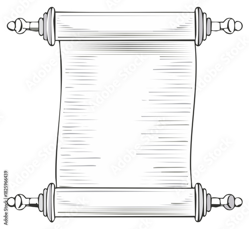 Blank Unfurled Ancient Scroll with Decorative Handles Vintage Line Art Illustration