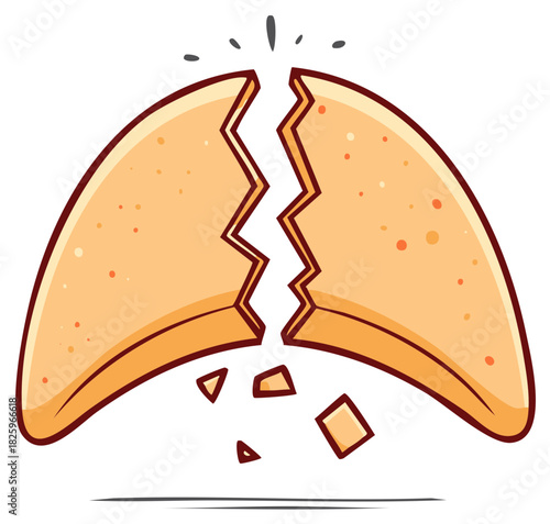Cartoon drawing of a fortune cookie breaking in half with small pieces falling to reveal a prediction